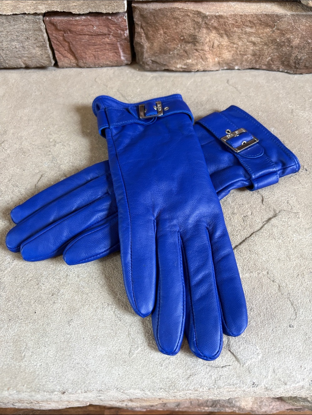 Bradley Blue Leather Gloves with Buckle Detail